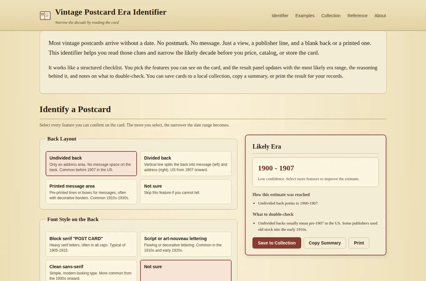 Screenshot of Vintage Postcard Era Identifier interface showing the project page in use